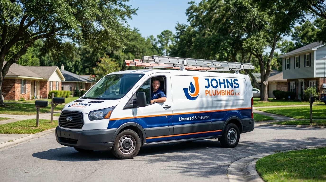 Johns Plumbing LLC service van in Paris, ME