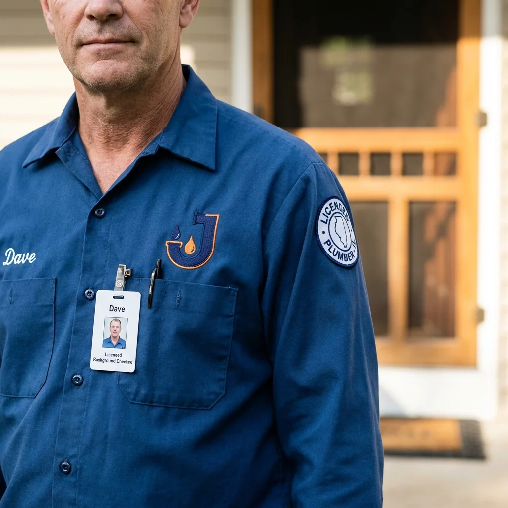 Licensed plumber showing ID badge in Paris, ME