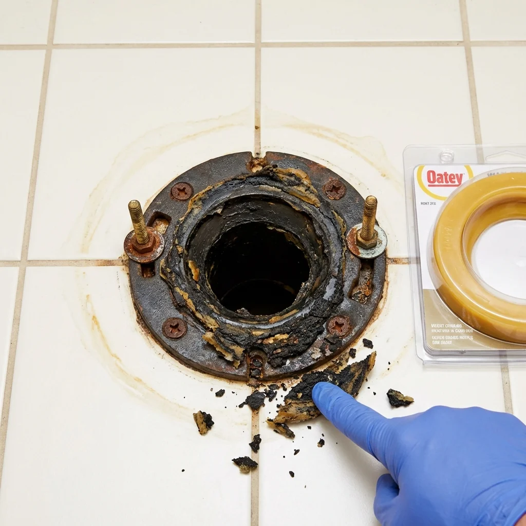 Failed wax ring showing water seepage at the base of a toilet in a Paris, ME home