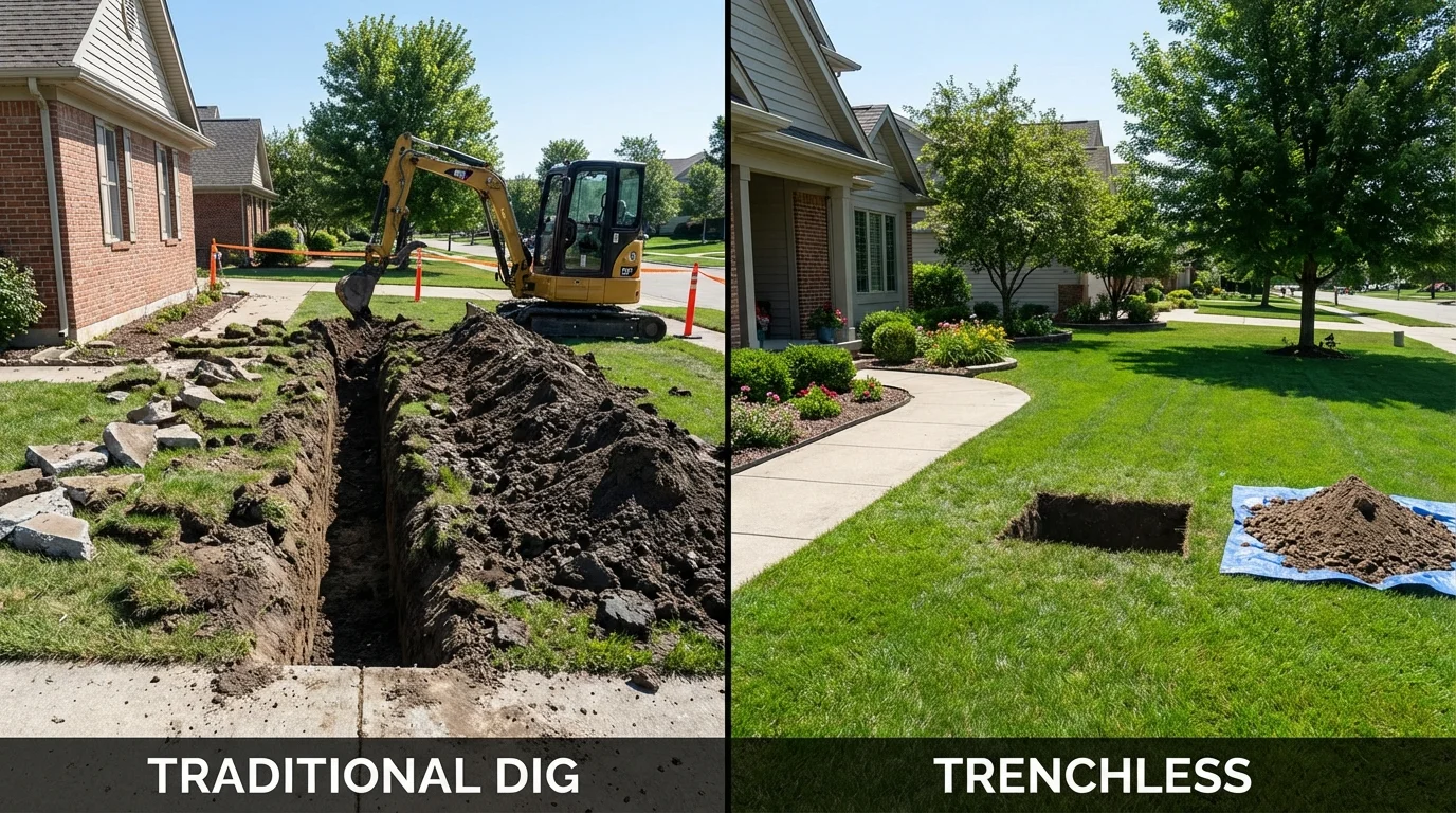 Trenchless sewer repair with minimal yard damage versus traditional excavation in Paris, ME