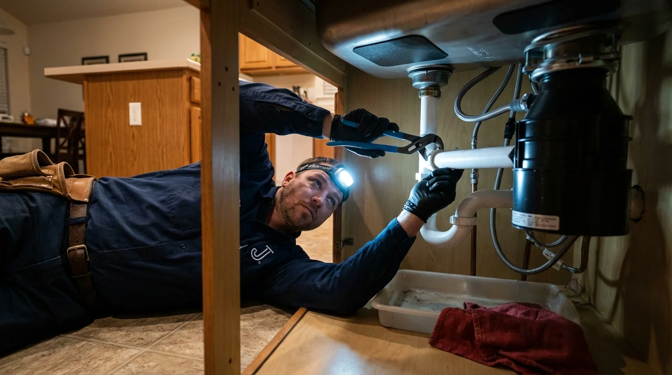 P-trap and supply line connections under a kitchen sink showing a common leak point in Paris, ME
